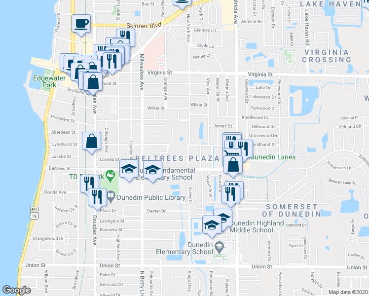 map of restaurants, bars, coffee shops, grocery stores, and more near 660 Beltrees Street in Dunedin