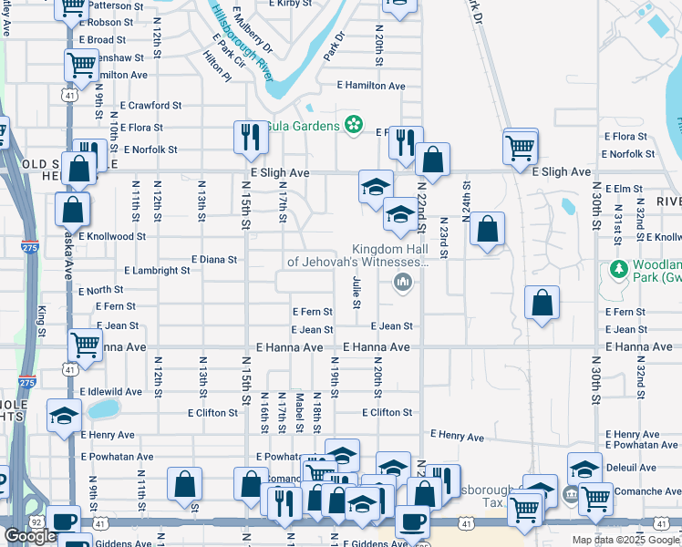 map of restaurants, bars, coffee shops, grocery stores, and more near 6511 North 19th Street in Tampa