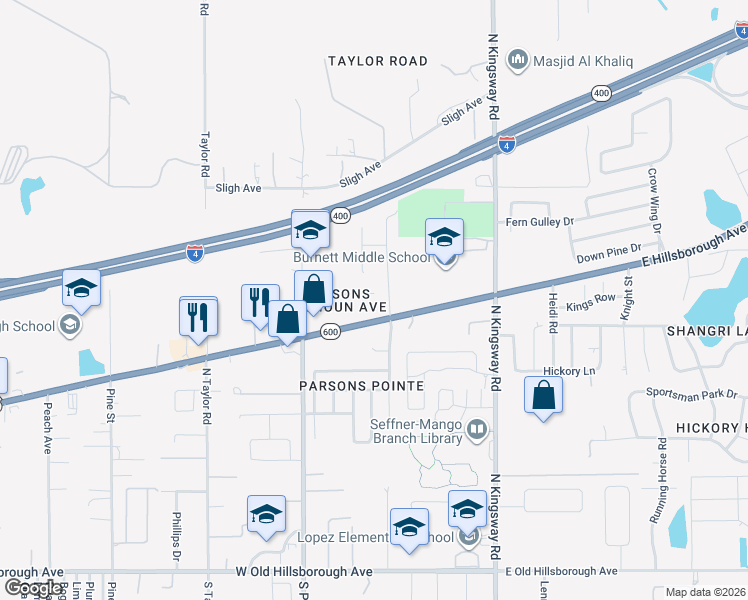 map of restaurants, bars, coffee shops, grocery stores, and more near 920 Brinwood Drive in Seffner