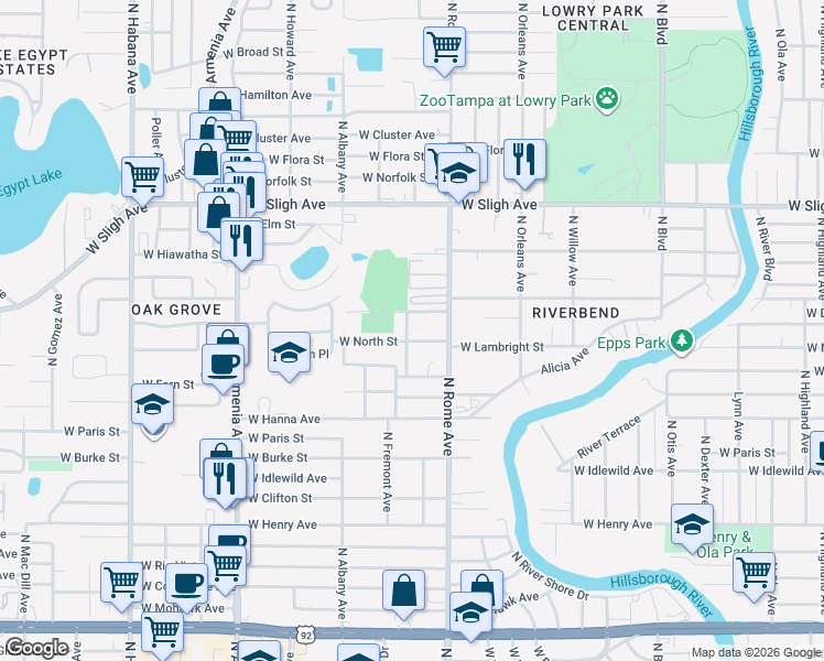 map of restaurants, bars, coffee shops, grocery stores, and more near 6505 North Packwood Avenue in Tampa