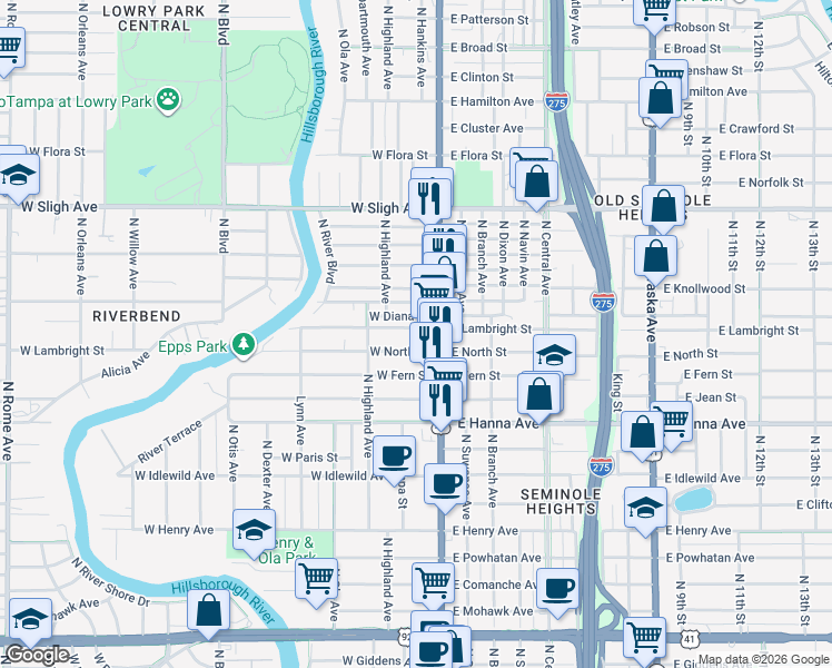 map of restaurants, bars, coffee shops, grocery stores, and more near 106 West Lambright Street in Tampa