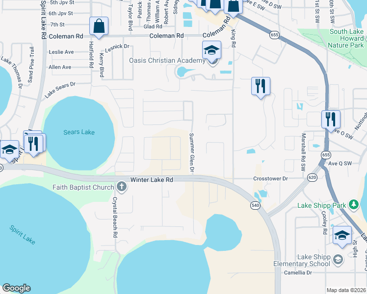 map of restaurants, bars, coffee shops, grocery stores, and more near 847 Summer Glen Drive in Winter Haven