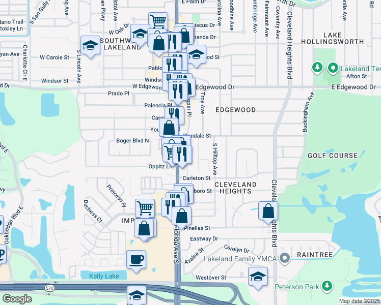 map of restaurants, bars, coffee shops, grocery stores, and more near 3112 Independence Avenue in Lakeland