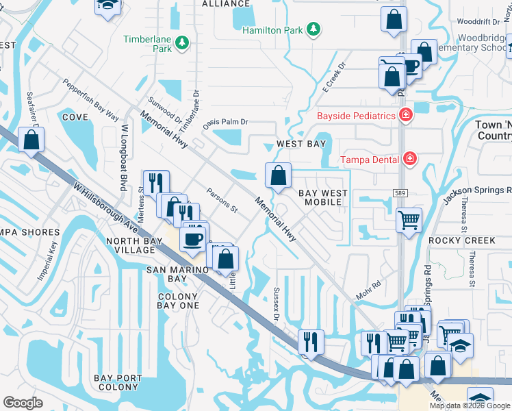 map of restaurants, bars, coffee shops, grocery stores, and more near 9810 Memorial Highway in Tampa