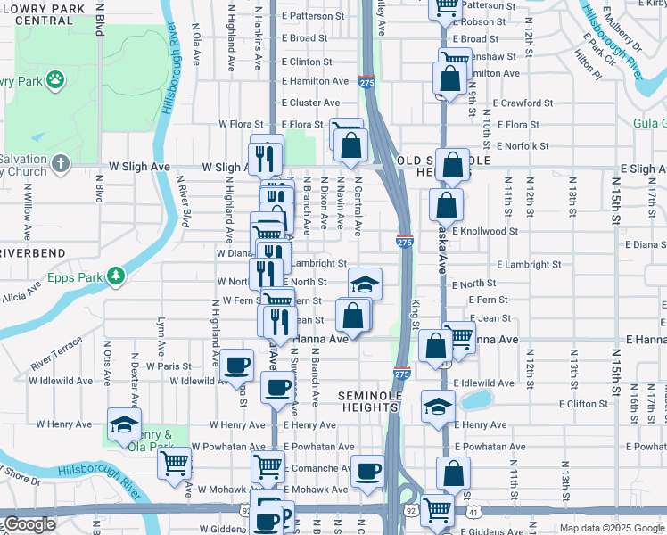 map of restaurants, bars, coffee shops, grocery stores, and more near 311 East Lambright Street in Tampa