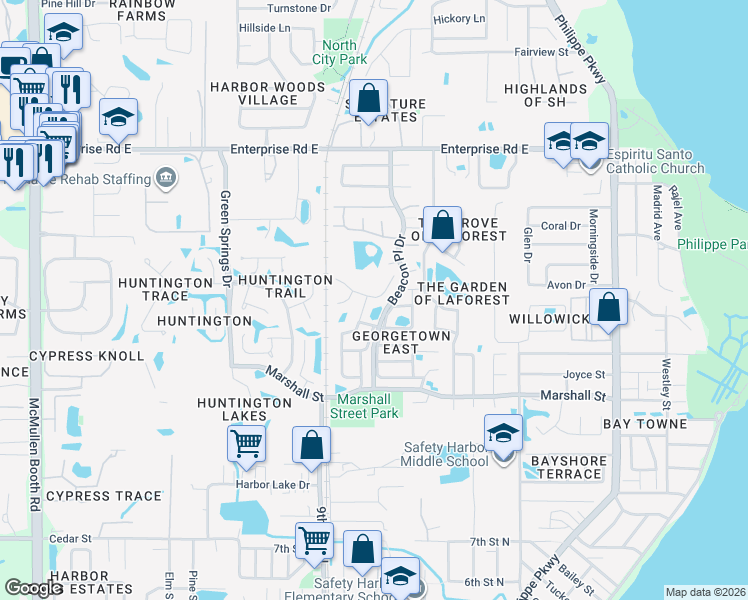 map of restaurants, bars, coffee shops, grocery stores, and more near 602 Quail Keep Drive in Safety Harbor