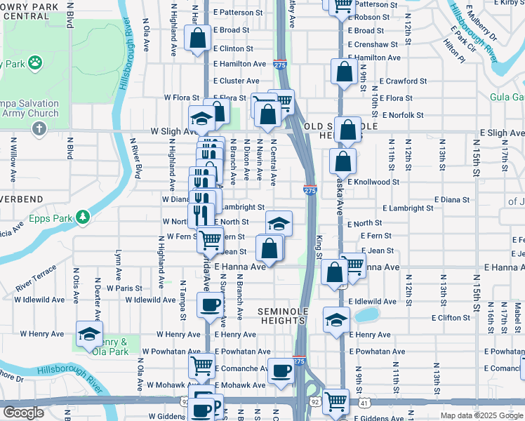 map of restaurants, bars, coffee shops, grocery stores, and more near 311 East Lambright Street in Tampa