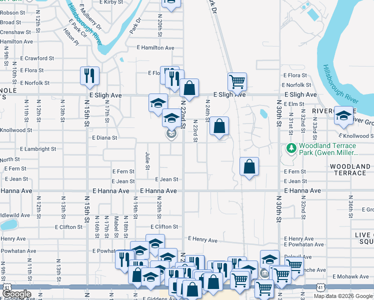 map of restaurants, bars, coffee shops, grocery stores, and more near 6422 North 23rd Street in Tampa