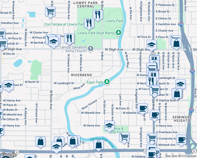 map of restaurants, bars, coffee shops, grocery stores, and more near 6603 Alicia Avenue in Tampa