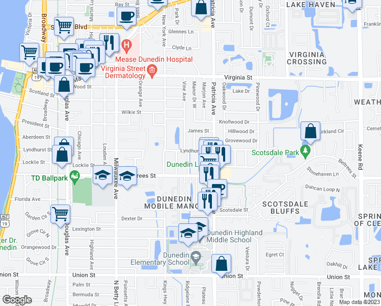 map of restaurants, bars, coffee shops, grocery stores, and more near 460 3rd Avenue in Dunedin