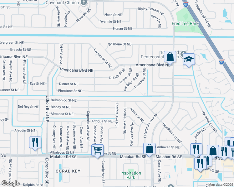 map of restaurants, bars, coffee shops, grocery stores, and more near 690 Firestone Street Northeast in Palm Bay