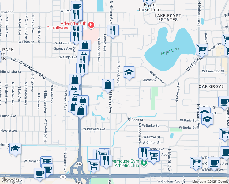 map of restaurants, bars, coffee shops, grocery stores, and more near 6509 North Himes Avenue in Tampa