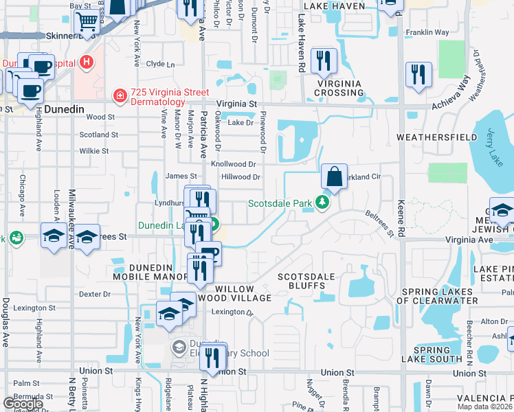 map of restaurants, bars, coffee shops, grocery stores, and more near 493 Pinewood Drive in Dunedin