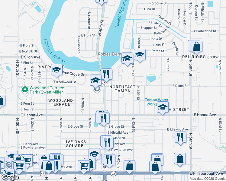 map of restaurants, bars, coffee shops, grocery stores, and more near 6419 North 41st Street in Tampa