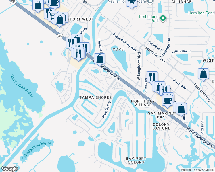 map of restaurants, bars, coffee shops, grocery stores, and more near 6358 Narragansett Bay Drive in Town 'n' Country