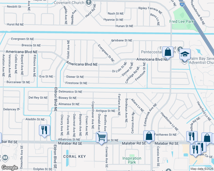 map of restaurants, bars, coffee shops, grocery stores, and more near 634 Firestone Street Northeast in Palm Bay