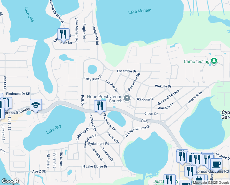 map of restaurants, bars, coffee shops, grocery stores, and more near 137 Alachua Drive in Cypress Gardens