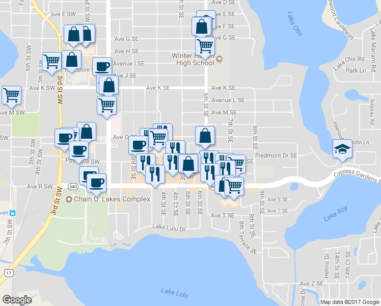 map of restaurants, bars, coffee shops, grocery stores, and more near 1534 Oakview Circle Southeast in Winter Haven