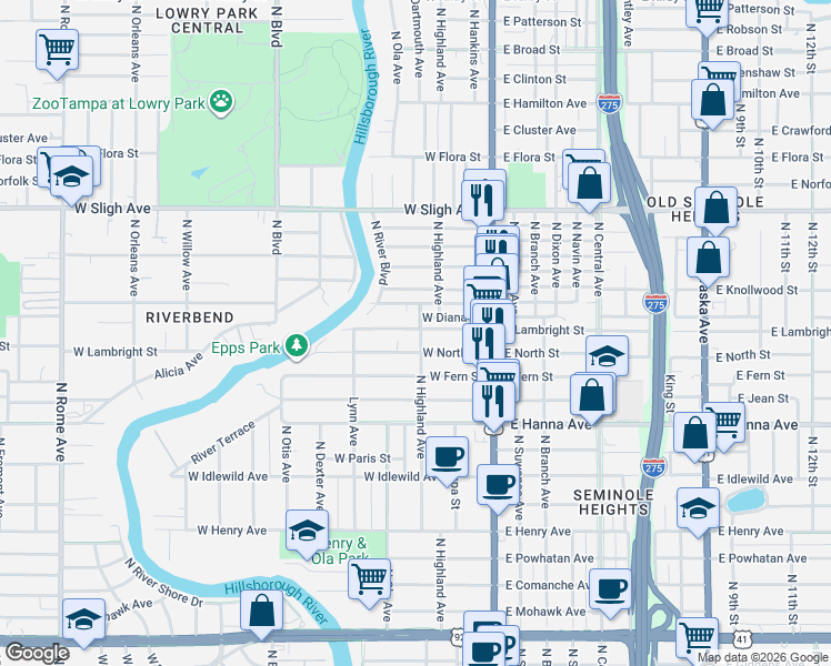 map of restaurants, bars, coffee shops, grocery stores, and more near 6408 North Highland Avenue in Tampa