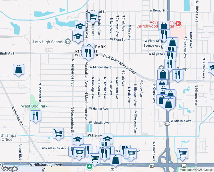 map of restaurants, bars, coffee shops, grocery stores, and more near 6414 North Thatcher Avenue in Tampa