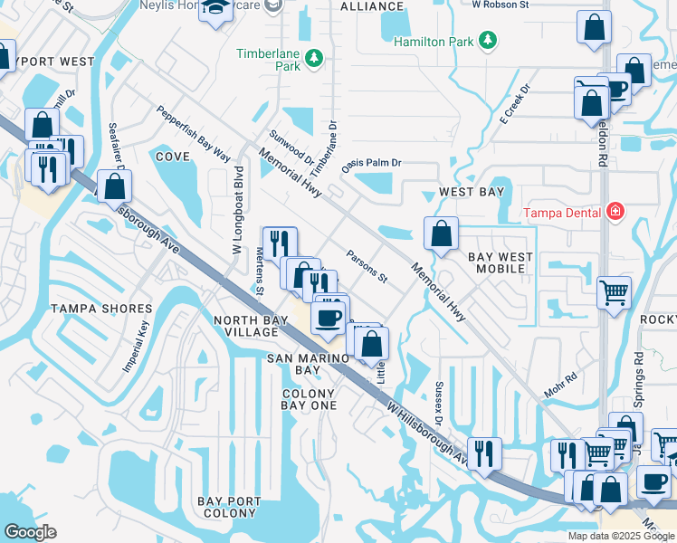 map of restaurants, bars, coffee shops, grocery stores, and more near 10011 Oslin Street in Tampa