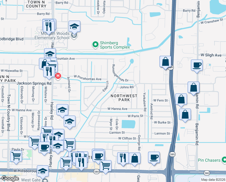 map of restaurants, bars, coffee shops, grocery stores, and more near 6434 Sawyer Road in Tampa