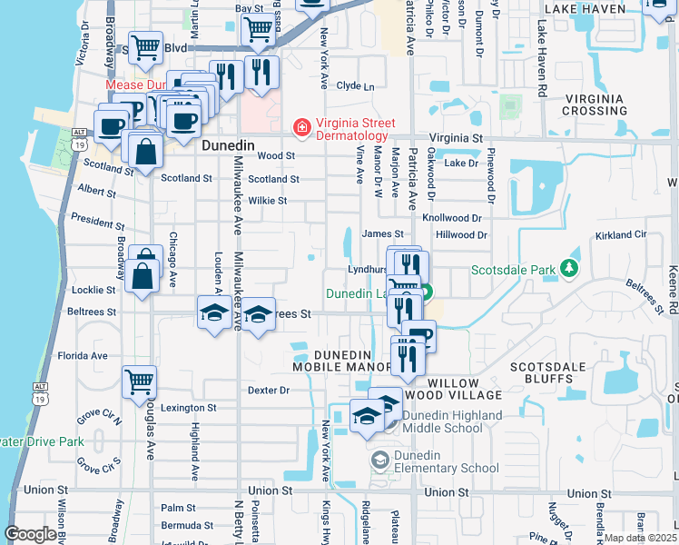map of restaurants, bars, coffee shops, grocery stores, and more near 819 Lyndhurst Street in Dunedin