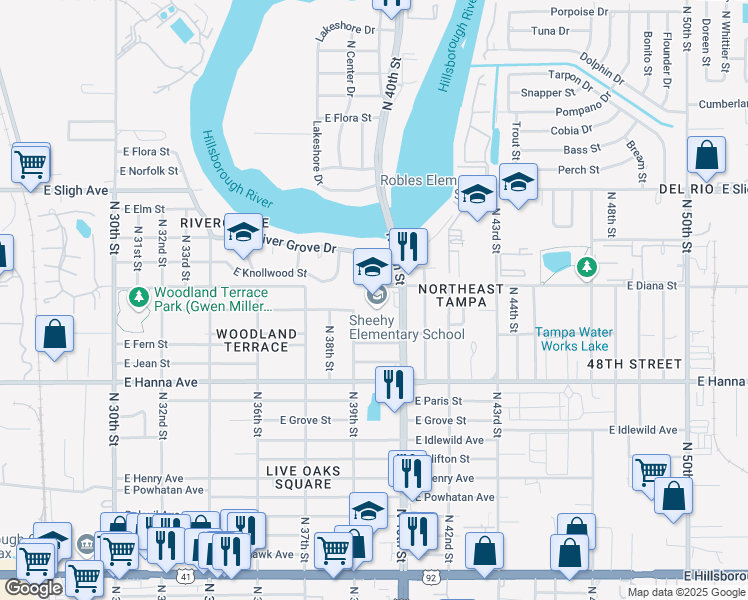 map of restaurants, bars, coffee shops, grocery stores, and more near 6402 North 40th Street in Tampa
