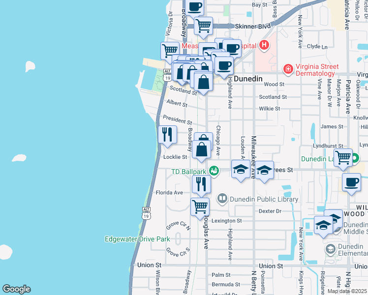map of restaurants, bars, coffee shops, grocery stores, and more near 261 Lyndhurst Street in Dunedin