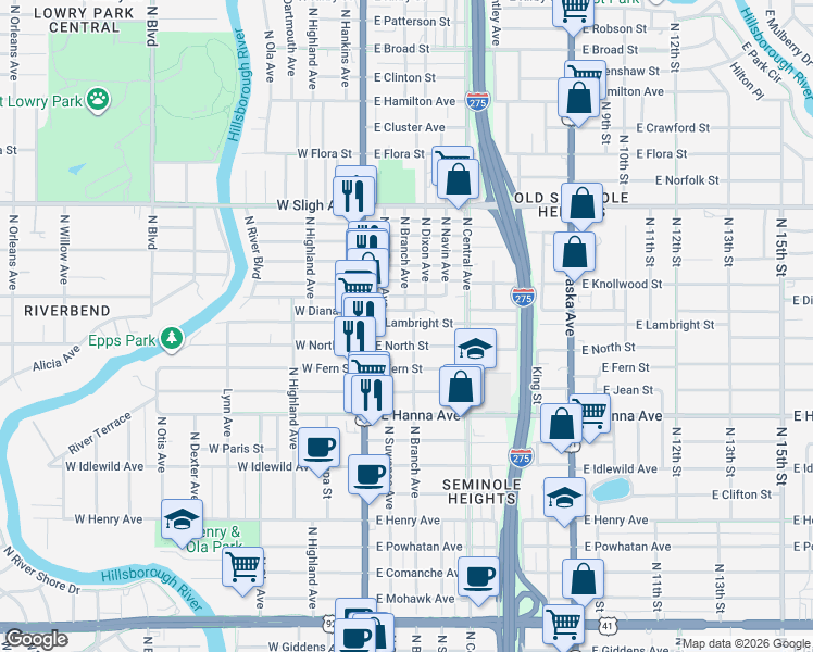 map of restaurants, bars, coffee shops, grocery stores, and more near 113 East Lambright Street in Tampa