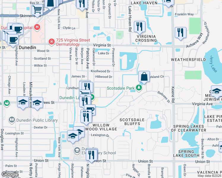 map of restaurants, bars, coffee shops, grocery stores, and more near 493 Pinewood Drive in Dunedin