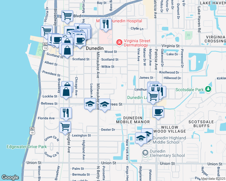map of restaurants, bars, coffee shops, grocery stores, and more near 633 Lyndhurst Street in Dunedin