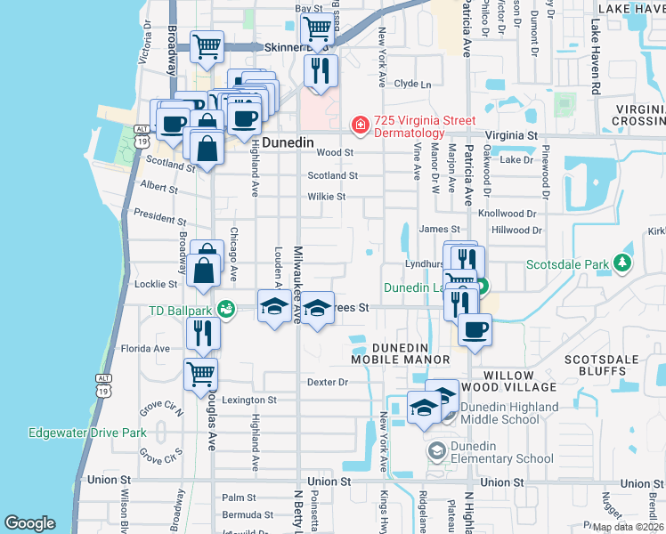 map of restaurants, bars, coffee shops, grocery stores, and more near 633 Lyndhurst Street in Dunedin