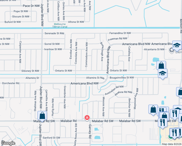 map of restaurants, bars, coffee shops, grocery stores, and more near 598 Ontario Street Northwest in Palm Bay