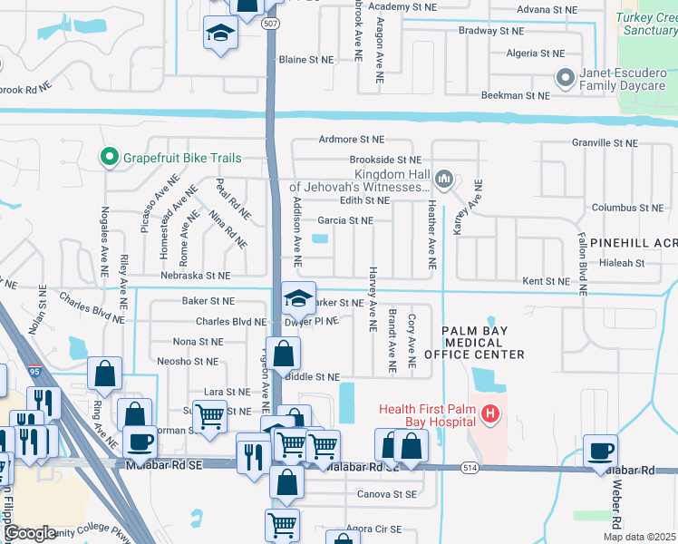map of restaurants, bars, coffee shops, grocery stores, and more near 1807 Glenwood Street Northeast in Palm Bay