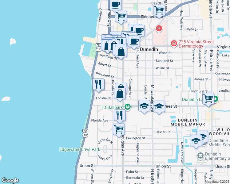 map of restaurants, bars, coffee shops, grocery stores, and more near 261 Lyndhurst Street in Dunedin