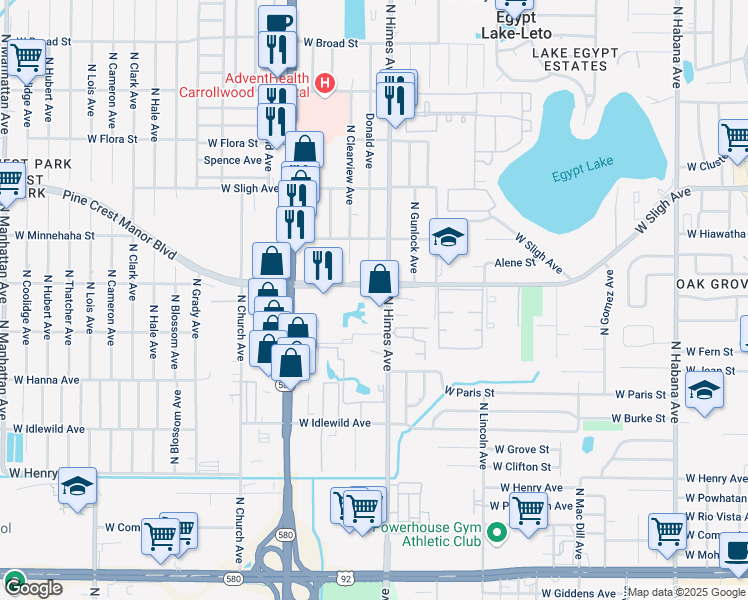 map of restaurants, bars, coffee shops, grocery stores, and more near 3631 Fountain Mist Drive in Tampa
