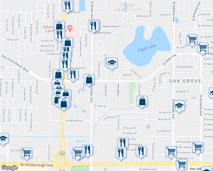 map of restaurants, bars, coffee shops, grocery stores, and more near 6507 Yorkshire Court in Tampa