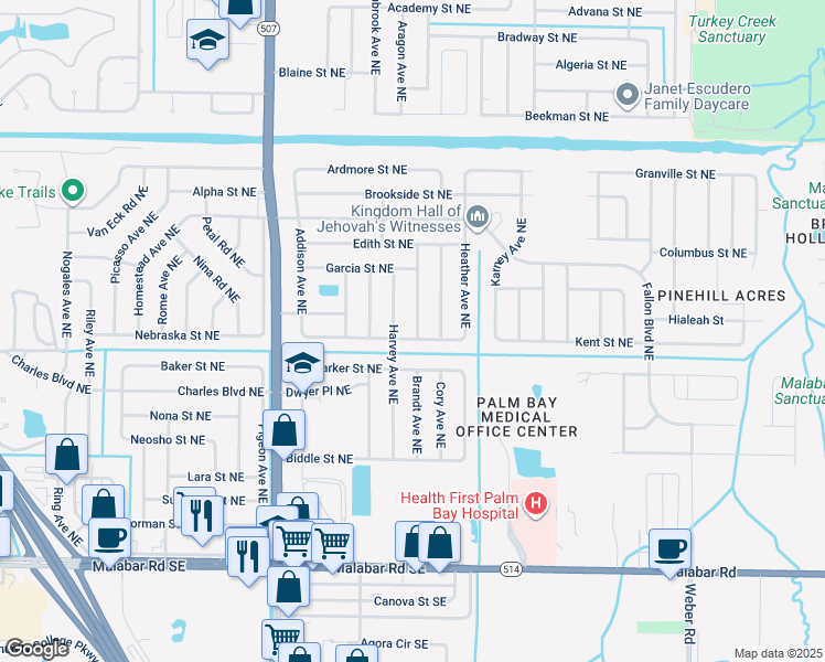 map of restaurants, bars, coffee shops, grocery stores, and more near 1877 Glenwood Street Northeast in Palm Bay