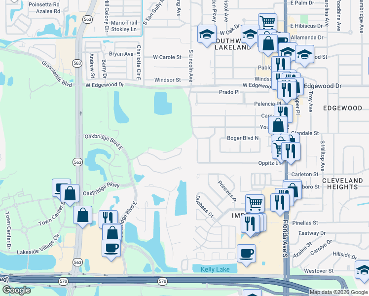 map of restaurants, bars, coffee shops, grocery stores, and more near 3148 Oakpark Drive in Lakeland