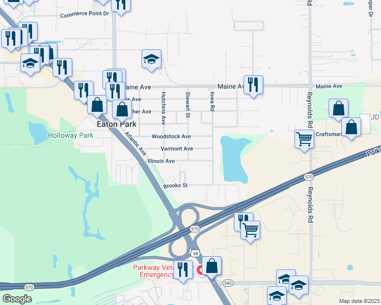 map of restaurants, bars, coffee shops, grocery stores, and more near 3134 Stewart Street in Lakeland