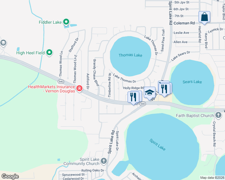 map of restaurants, bars, coffee shops, grocery stores, and more near 3223 Timberline Road in Winter Haven