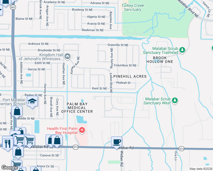 map of restaurants, bars, coffee shops, grocery stores, and more near 2135 Kent Street Northeast in Palm Bay
