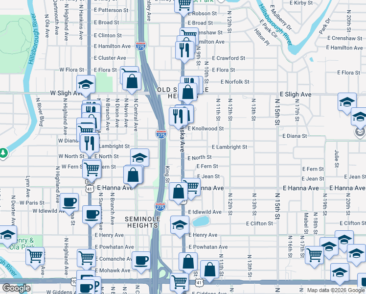 map of restaurants, bars, coffee shops, grocery stores, and more near N Nebraska Ave & E Lambright St in Tampa