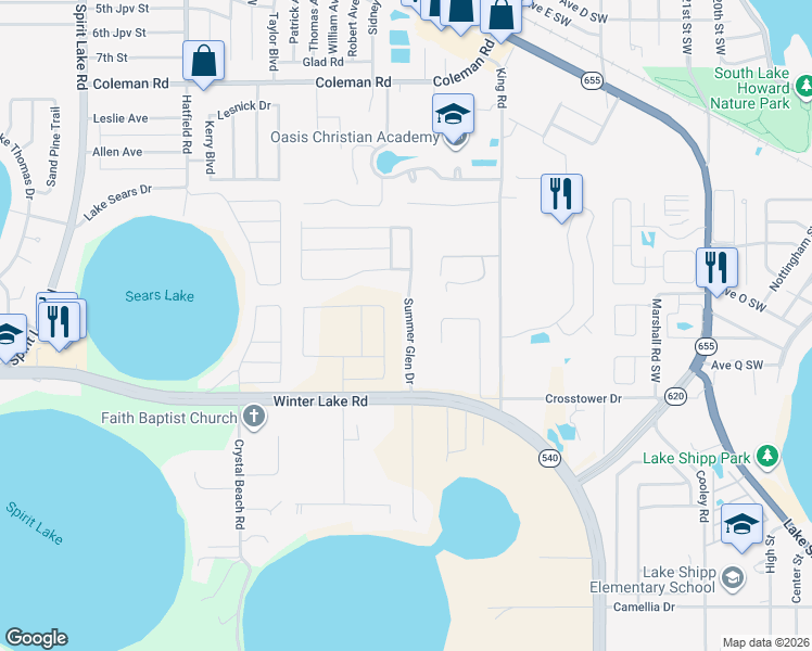 map of restaurants, bars, coffee shops, grocery stores, and more near 847 Summer Glen Drive in Winter Haven