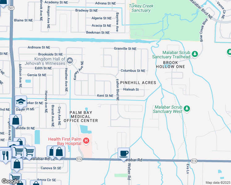 map of restaurants, bars, coffee shops, grocery stores, and more near 2205 Kent Street Northeast in Palm Bay