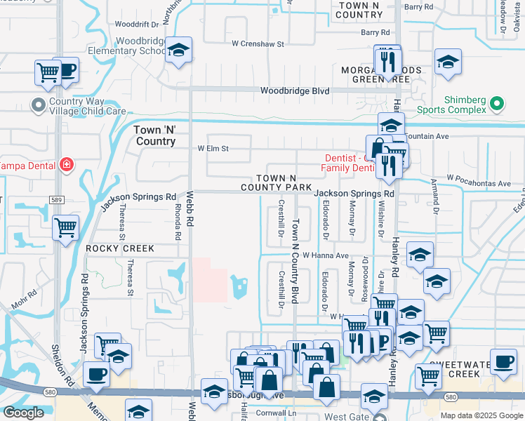 map of restaurants, bars, coffee shops, grocery stores, and more near 6422 Santa Monica Drive in Town 'n' Country