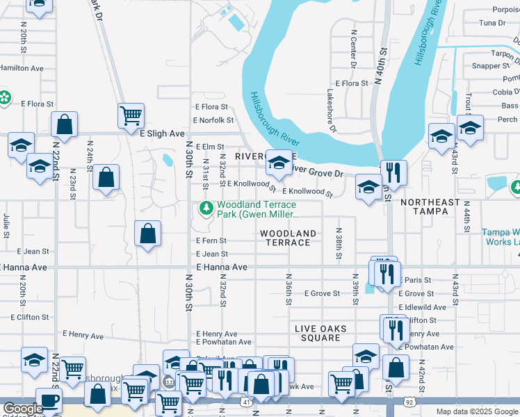 map of restaurants, bars, coffee shops, grocery stores, and more near 6411 North 34th Street in Tampa