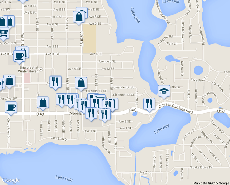map of restaurants, bars, coffee shops, grocery stores, and more near 821 Piedmont Drive Southeast in Winter Haven