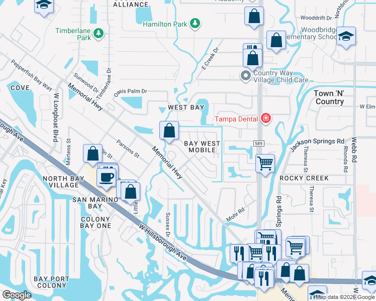 map of restaurants, bars, coffee shops, grocery stores, and more near 212 Shore Parkway in Town 'n' Country